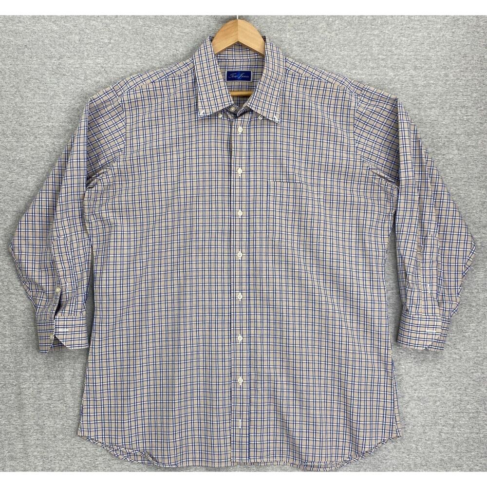 Tom James Dress Shirt Mens XXL Brown Blue Plaid Button Up Long Sleeve Collared